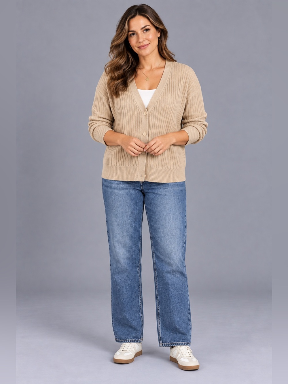 Oatmeal Ribbed Cardigan XL Button Front V Neck NWT
